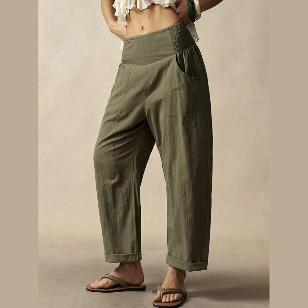 Olive Green Cotton Smocked Waist Cuffed Hem Carrot Leg Harem Pants